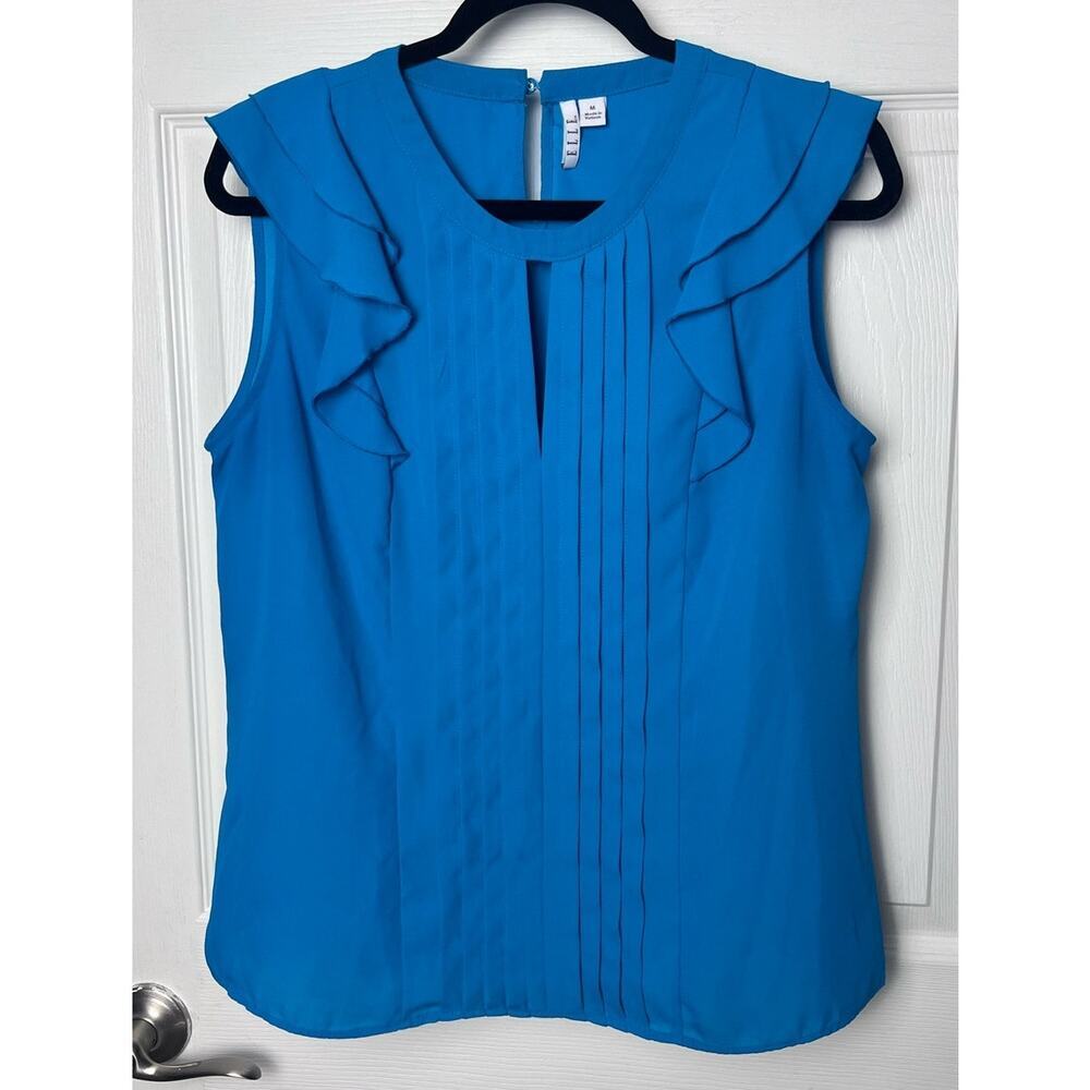 Elle Women's Pintuck Ruffle Sleeveless Top Size Medium Blue